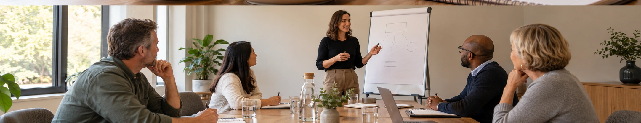 Kleine Seminargruppe hört einer Referentin am Flipchart zu